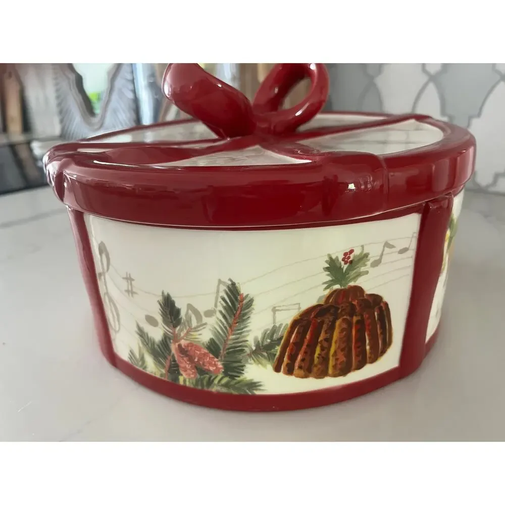 Williams-Sonoma large Christmas Carols cookie jar bow lid ceramic decor kitchen